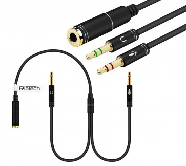 RiaTech Gold Plated 3.5mm Stereo Female to 2 Male Y-Splitter AUX Cable with Separate Headphone/Earphone/Microphone - Round Version (Black)