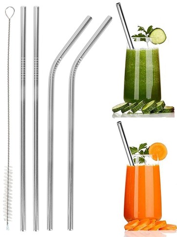 NISUN Reusable Stainless-Steel Straw for Kids and Adults Straw Set with Cleaning Brush Long Steel Straws for Drinking Juice & Drinks Reusable Straw Pipe - (2-Straight, 2-Bend, 1-Brush)