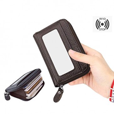 Storite RFID Blocking 10 Slot Horizontal Leather Credit/Debit Zipper Card Holder Wallet (Brown) 