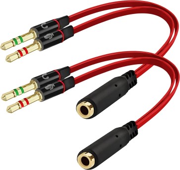 SaiTech IT Gold Plated 2 Male to 1 Female 3.5mm Headphone Earphone Mic Audio Y Splitter Cable for PC Laptop (20cm)– Red