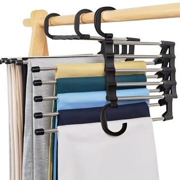 Storite 5 in 1 Stainless Steel Foldable Hangers for Clothes Hanging Multi-Layer Multi-Purpose Pant Hangers for Wardrobe Multipurpose Foldable Clothes Hanger - Black