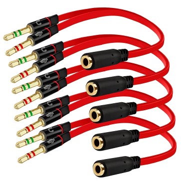 RiaTech 5 PK Gold Plated 2 Male To 1 Female 3.5MM Headphone Earphone Mic Audio Y Splitter Cable 20Cm– (Red)