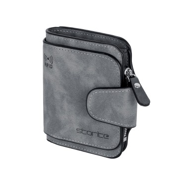 Storite Women's Tri-fold PU Leather RFID Blocking Credit Card Holder Wallet with Button Closure & Coin Pocket (Grey, 11.5 x 9.5 x 2 cm)