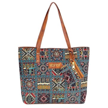 Storite Women's Tote Bag With Leather Handles & Embroidery Printed Handbag With Zip Pockets, Shoulder Tote Bag And Handbag For Office And College (40X32X7.5Cm)
