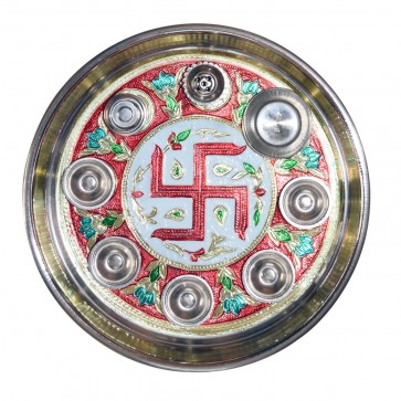 10.5 Inches / 27cm Stainless Steel Meenakari Puja Thali Set with Print of SWASTIK
