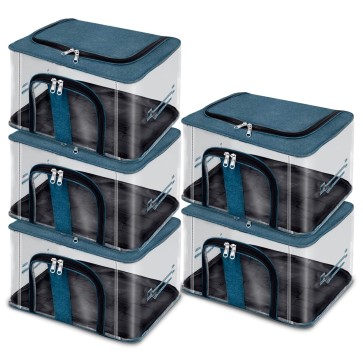 Storite 5 Pack Nylon 33 L PVC Transparent Moisture Proof Storage box for Clothes Closet Wardrobe Organizer Bag for Clothes with Carry Handle - (DarkTeal, 44 x 31 x 24 cm)