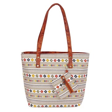 Storite Women's Tote Bag with Leather Handles & Embroidery Printed Handbag with Zip Pockets, Shoulder Tote Bag and Handbag for Office and College (Geometric design, 30.2 cm x 27cm x 9.8cm)