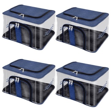 Storite 4 Pack Nylon 33 L PVC Transparent Moisture Proof Storage box for Clothes Closet Wardrobe Organizer Bag for Clothes with Carry Handle - (DarkBlue, 44 x 31 x 24 cm)