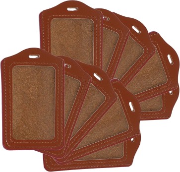 SAITECH IT 10 Pack PU Leather Clear ID Window ID Badge Holder Vertical ID Card Holder (Brown, 11x7 cm)