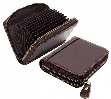 Storite Imported Leather 11 Slot Credit Debit ATM Zipper Card Holder Wallet for Men & Women - Brown