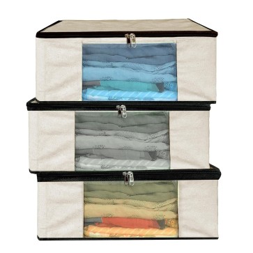 Storite 3 Pack Cotton Canvas Clothes Storage Bags/Saree Bags Covers with Zip for Storage Specially Design for Woman Dresses, Sarees, Lehengas for Wardrobe Organizer (42.2cm x 36cm x 20cm) Beige