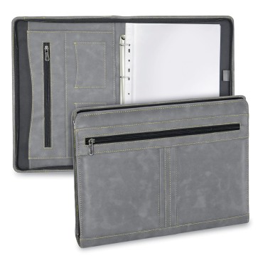 NISUN PU Leather 4 Ring Professional File Folder for Documents Certificates, Conference Folder, File with 20 Leafs (Gray)