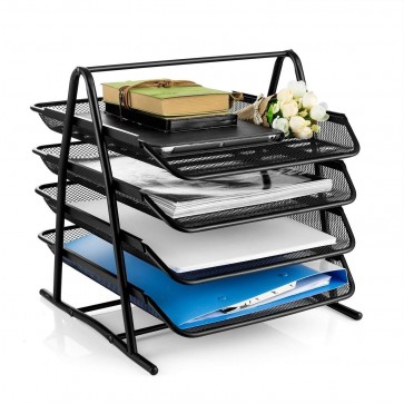 Storite 4-Tier File Document Letter Paper Tray Sorter Collection Office Desktop Organizer Holder Shelf Metal Mesh Black