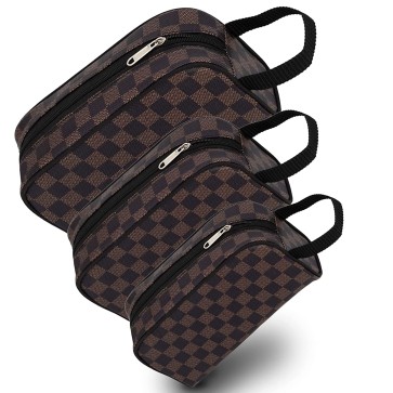 NISUN Pu Leather 3 Set Different Size Travel Pouch Toiletry Shaving Cosmetic Makeup Kit Bag Zipper Case Cosmetics Pouch - (22.5 X 11 X 7 cm,Brown)