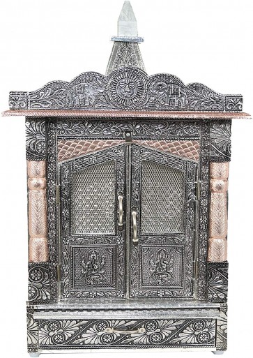 Storite Handcrafted German Oxidised Mandir with Aluminium and Copper Plating, Temple for Home (6 x10 Inches, Silver)