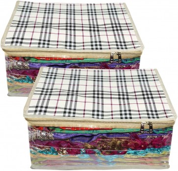 Storite 2 Pack Rexine Waterproof Fabric Large Size Transparent Saree Cover Set Wardrobe Organizer - 17X13X9 inch