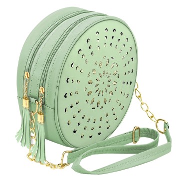 NISUN PU Leather Stylish Trendy Perforated Design Round Sling Crossbody Bag Cosmetic Sling Bag For Women With Adjustable Straps - (21 x 7.5 CM)