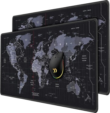 2 Pack (900x400x2.5mm) Extra Large World Map Print Gaming Extended Mouse Pad with Stitched Embroidery Edges, Non-Slip Rubber Base for Laptop/Computer - Black