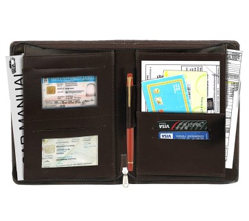 DAHSHA Car Document Holder, Owner Manual Case Pouch, Vehicle Registration & Insurance Card Storage Wallet, Driver License, Credit Card ID with Strong Zipper - Chocolate Brown (25.5 x 19 cm), PU Leather