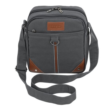 Storite Canvas Multi Pocket Sling bag With Leather Strip,Cross Body Messenger For Travel,Office, Business one Side Shoulder Bag for Men & Women (22x10.5x24.5 CM, Grey)