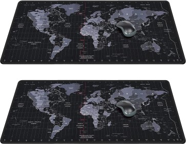 2 Pack (600x300x2.5mm) Large World Map with Standard Time Zone Print Gaming Extended Mouse Pad with Stitched Embroidery Edges, Non-Slip Rubber Base for Laptop/Computer - Black