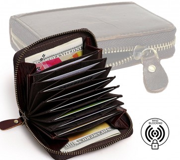 RFID Blocking Genuine Leather Credit Card Holder Wallet Zip Around Purse