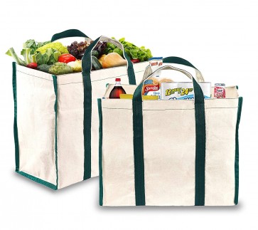 Storite Pack of 2 Canvas Grocery Shopping Bags for Vegetables Carry Milk Fruits with Reinforced Handles (40.6 x 19.x 31.7 cm, White)