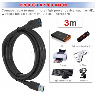 Wholesale USB 3.0 Male A To Female A Extension Cable  - Black -  3M