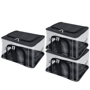 Storite 3 Pack Nylon 33 L PVC Transparent Moisture Proof Storage box for Clothes Closet Wardrobe Organizer Saree Bags for Clothes with Carry Handle - (Black, 44 x 31 x 24 cm)