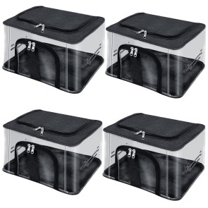 Storite 4 Pack Nylon 33 L PVC Transparent Moisture Proof Storage box for Clothes Closet Wardrobe Organizer Bag for Clothes with Carry Handle - (Black, 44 x 31 x 24 cm)
