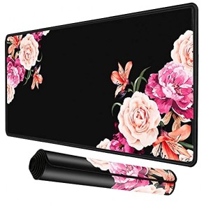 RiaTech Extra Large Size (900mm x 400mm x 2mm) Extended Gaming Mouse Pad, Large Non-Slip Rubber Base Mousepad with Stitched Edges, Waterproof Mousepad for Office Laptop/Computer- Pink Flower Design