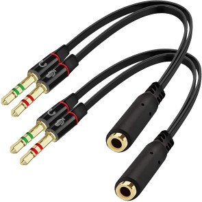 SaiTech IT 2 Pack Gold Plated 3.5 mm Headphone Splitter for Computer 2 Male to 1 Female 3.5mm Headphone Mic Audio Y Splitter Cable Smartphone Headset to PC Adapter – (Black,20cm)