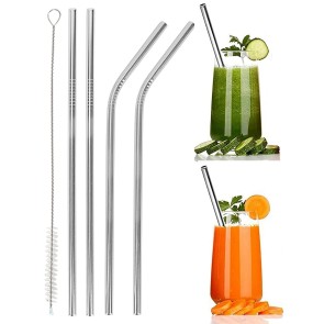 NISUN Reusable Stainless-Steel Straw for Kids and Adults Straw Set with Cleaning Brush Long Steel Straws for Drinking Juice & Drinks Reusable Straw Pipe - (2-Straight, 2-Bend, 1-Brush)