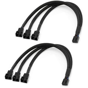 SaiTech IT 2 Pack 4 pin 3 Ways Y Splitter Computer PC Fan Power Extension Cable Black Sleeved 26 cm