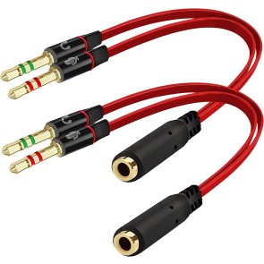 SaiTech IT Gold Plated 2 Male to 1 Female 3.5mm Headphone Earphone Mic Audio Y Splitter Cable for PC Laptop (20cm)– Red