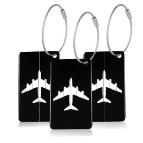 Storite Pack of 3 Luggage Tags, Metallic Luggage Tags with Steel Loop Travel Bag Tags for Easily Identification of Bags (Black)