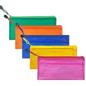 DAHSHA Mesh Zippered Pencil Pen Stationary Case Travel Document Holder Bag cheque Book Holder Bag Cosmetics Pouch (Colour May Vary, 23.5cm X 11cm)- Pack of 5