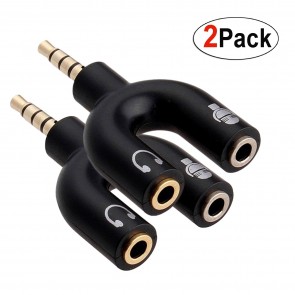 Storite U Shape 3.5mm Stereo TRRS 4 Pole Plug Male to Female Audio Splitter Adapter Converter with Mic and Headset (Black) - Pack of 2