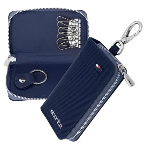 Storite PU Leather Key Case Pouch Wallet Key Chain Key Holder Ring with 6 Key Hooks,1 IC Key Ring, Metal Buckle with Zipper Closure (7.5X2X12 CM - Blue)