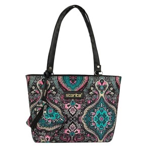 Storite Women's Tote Bag With Leather Handles & Embroidery Printed Handbag With Zip Pockets, Shoulder Tote Bag And Handbag For Office And College (27x24x9.5Cm)