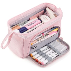 Storite Canvas Pencil Box Case, Handheld Pen Bag Cosmetic Pencil Case for Adult, Large Capacity Pencil Pouch with Zipper, Portable Stationery Storage Bag for School/Home/College/Office (Pink)