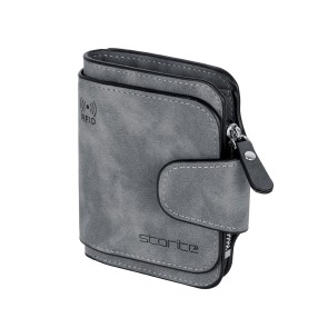 Storite Women's Tri-fold PU Leather RFID Blocking Credit Card Holder Wallet with Button Closure & Coin Pocket (Grey, 11.5 x 9.5 x 2 cm)