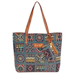 Storite Women's Tote Bag With Leather Handles & Embroidery Printed Handbag With Zip Pockets, Shoulder Tote Bag And Handbag For Office And College (40X32X7.5Cm)