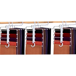 Storite (Pack of 3) 5 in 1 Stainless Steel Foldable Hangers for Clothes Hanging Multi-Layer Multi-Purpose Pant Hangers for Wardrobe Multipurpose Foldable Clothes Hanger - White