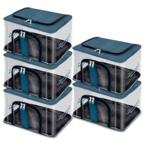 Storite 5 Pack Nylon 33 L PVC Transparent Moisture Proof Storage box for Clothes Closet Wardrobe Organizer Bag for Clothes with Carry Handle - (DarkTeal, 44 x 31 x 24 cm)