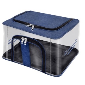 Storite Nylon 33 L PVC Transparent Moisture Proof Storage box for Clothes Closet Wardrobe Organizer Saree Bags for Clothes with Carry Handle - (DarkBlue, 44 x 31 x 24 cm)