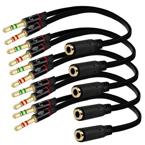 RiaTech Gold Plated 5 PK 2 Male to 1 Female 3.5mm Headphone Earphone Mic Audio Y Splitter Cable for PC Laptop with Special Box Packing(20cm)– Black