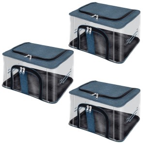Storite 3 Pack Nylon 33 L PVC Transparent Moisture Proof Storage box for Clothes Closet Wardrobe Organizer Saree Bags for Clothes with Carry Handle - (DarkTeal, 44 x 31 x 24 cm)