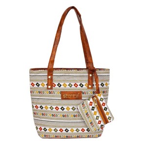 Storite Small Women's Tote Bag with Leather Handles & Embroidery Printed Handbag with Zip Pockets, Shoulder Tote Bag and Handbag for Office and College (WhiteBrown, 26x21x9.8 cm)
