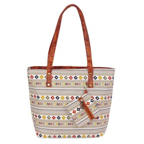Storite Women's Tote Bag with Leather Handles & Embroidery Printed Handbag with Zip Pockets, Shoulder Tote Bag and Handbag for Office and College (Geometric design, 30.2 cm x 27cm x 9.8cm)